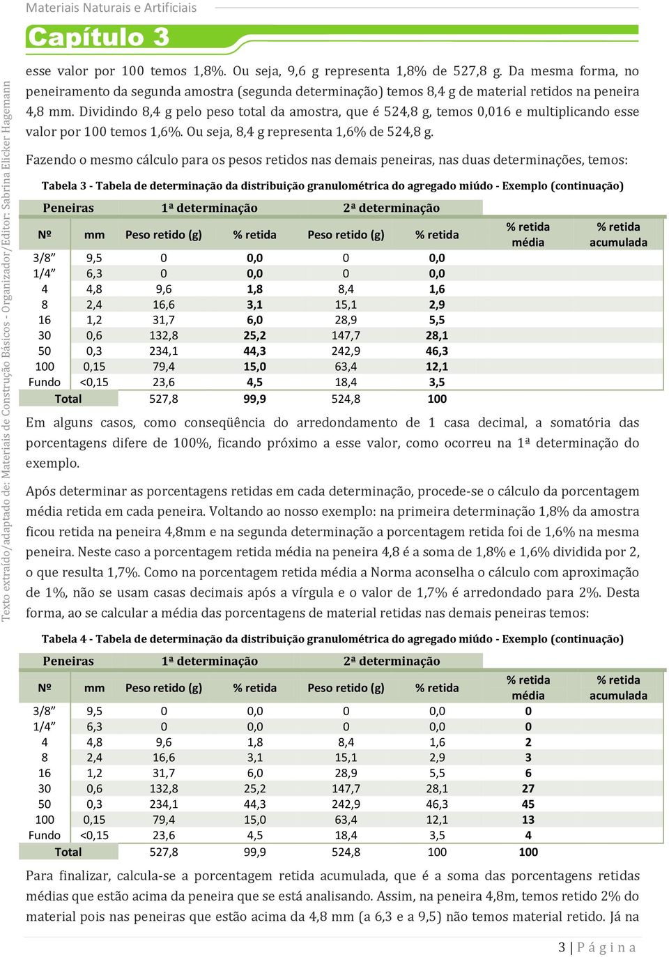 Fazendo o mesmo cálculo para os pesos retidos nas demais peneiras, nas duas determinações, temos: Tabela 3 - Tabela de determinação da distribuição granulométrica do agregado miúdo - Exemplo