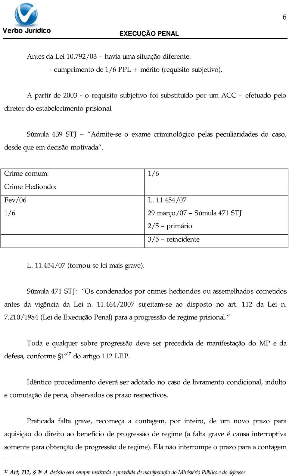 Súmula 439 STJ Admite-se o exame criminológico pelas peculiaridades do caso, desde que em decisão motivada. Crime comum: 1/6 Crime Hediondo: Fev/06 L. 11.