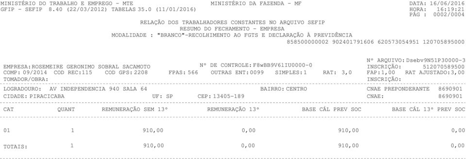 PREVIDÊNCIA Nº ARQUIVO: Dsebv9N5P30000-3 EMPRESA: ROSEMEIRE GERONIMO SOBRAL SACAMOTO Nº DE CONTROLE: F8wBB9V6lIU0000-0 52070589500 COMP: 09/204 COD REC:5 COD GPS: 2208