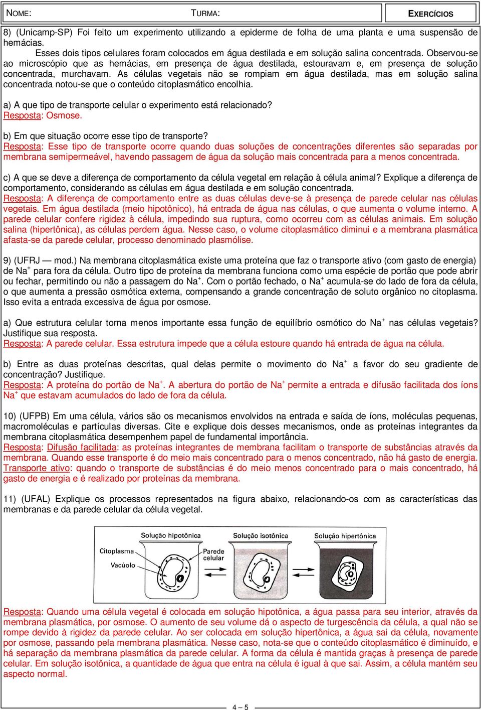 Observou-se ao microscópio que as hemácias, em presença de água destilada, estouravam e, em presença de solução concentrada, murchavam.