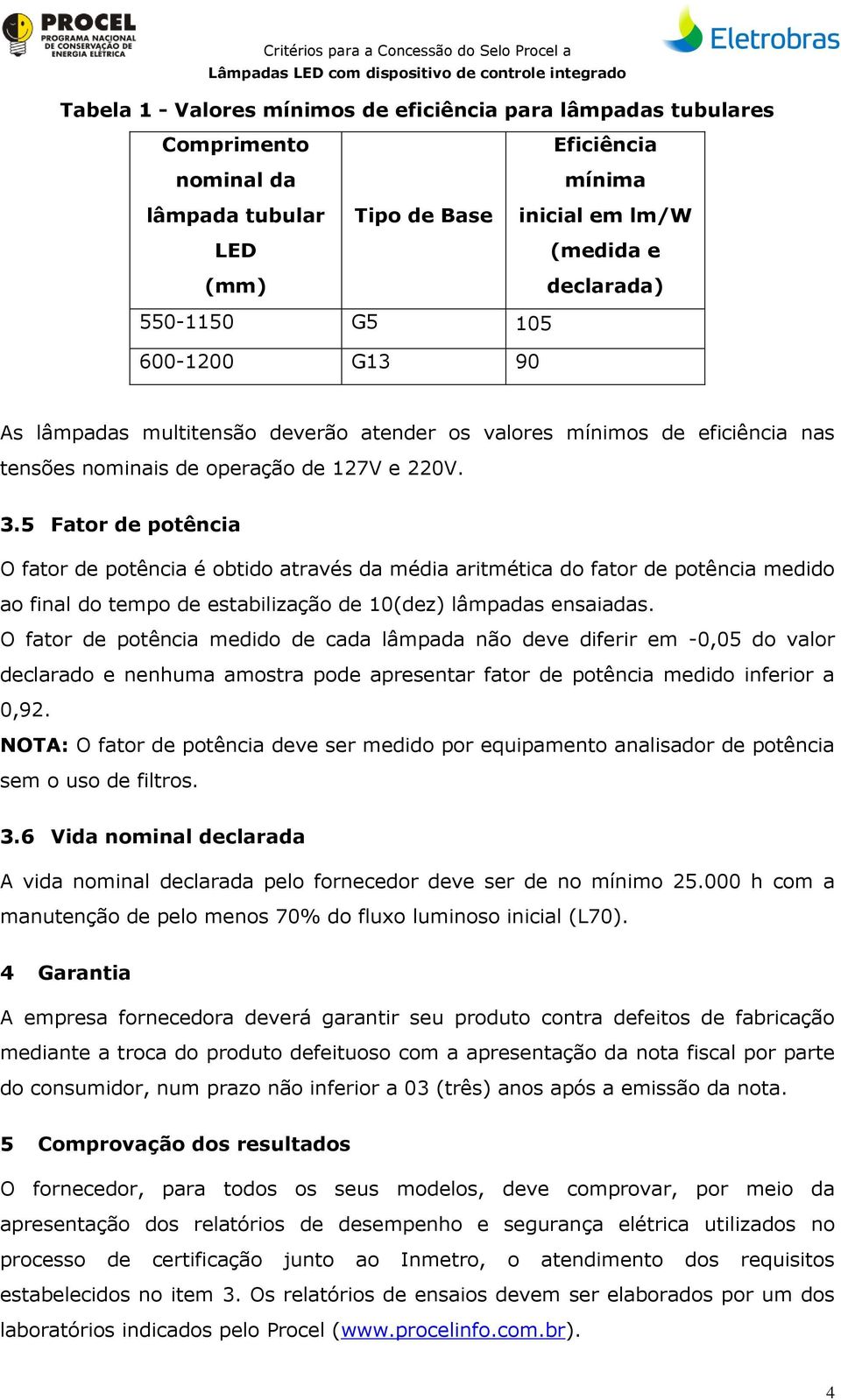 5 Fator de potência O fator de potência é obtido através da média aritmética do fator de potência medido ao final do tempo de estabilização de 10(dez) lâmpadas ensaiadas.