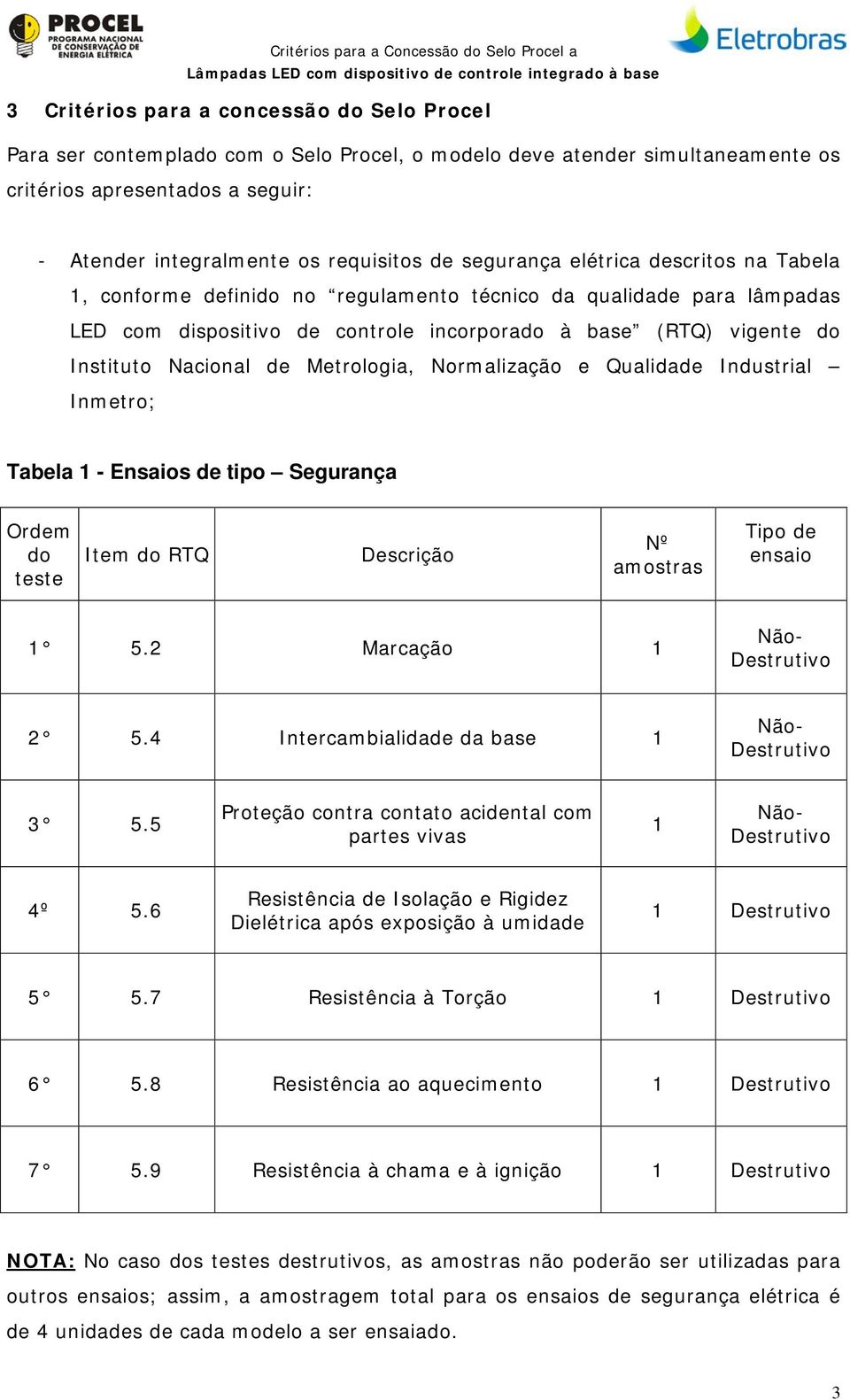 controle incorporado à base (RTQ) vigente do Instituto Nacional de Metrologia, Normalização e Qualidade Industrial Inmetro; Tabela 1 - Ensaios de tipo Segurança Ordem do teste Item do RTQ Descrição