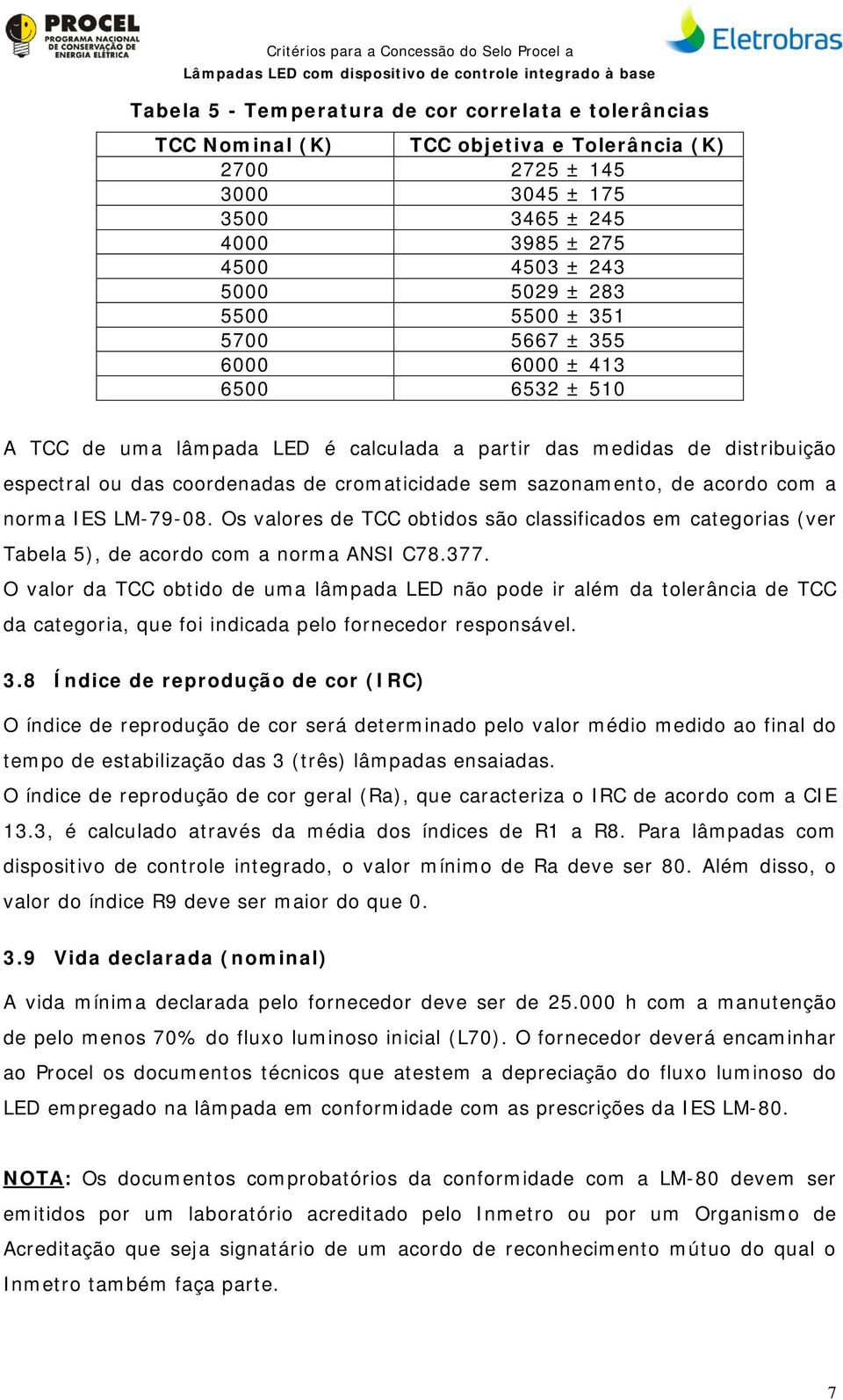 espectral ou das coordenadas de cromaticidade sem sazonamento, de acordo com a norma IES LM-79-08.