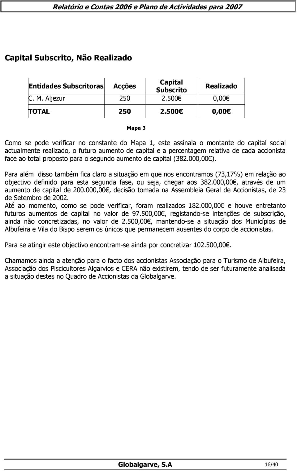 accionista face ao total proposto para o segundo aumento de capital (382.000,00 ).