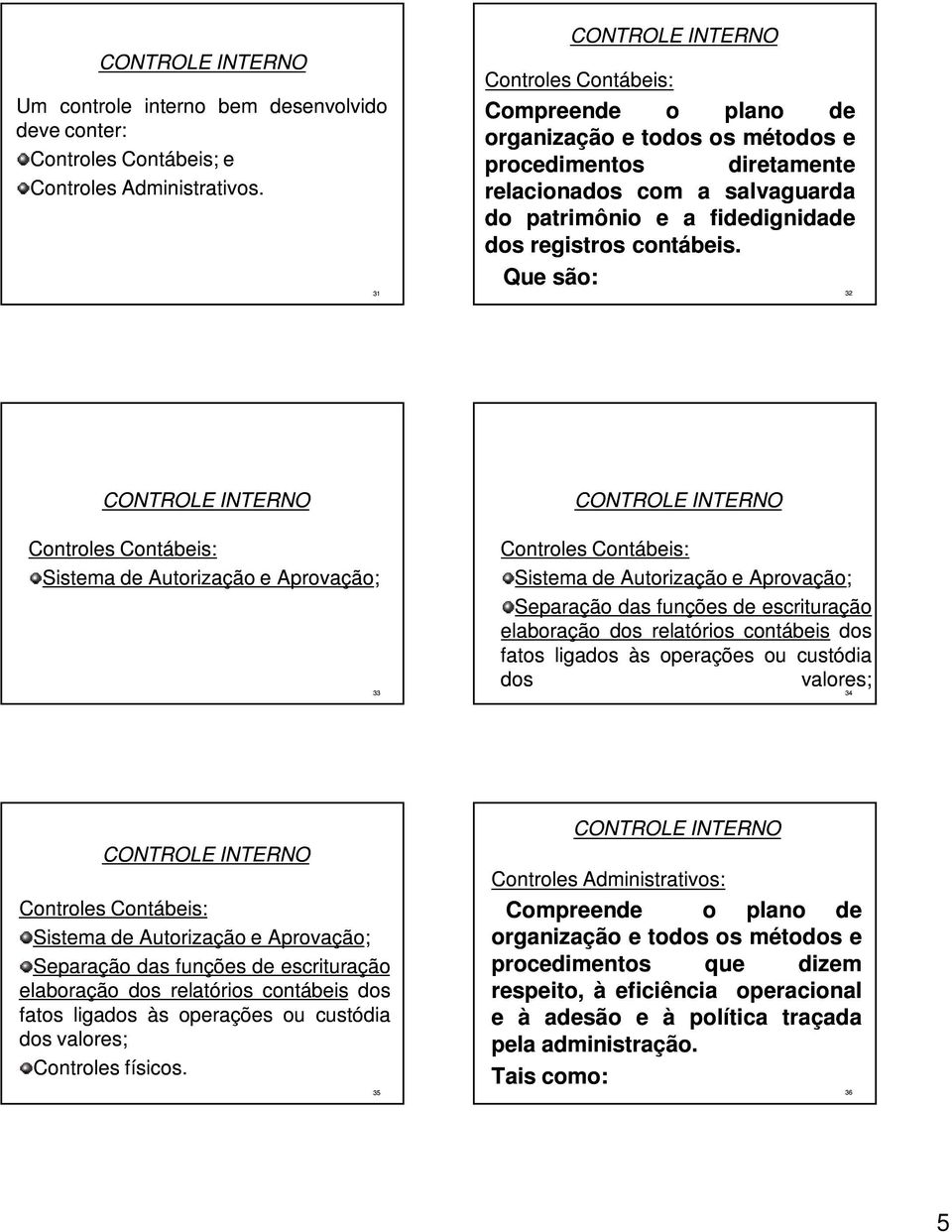 Qu são: 32 Controls Contábis: Sistma Autorização Aprovação; 33 Controls Contábis: Sistma Autorização Aprovação; Sparação das funçõs scrituração laboração dos rlatórios contábis dos fatos ligados às