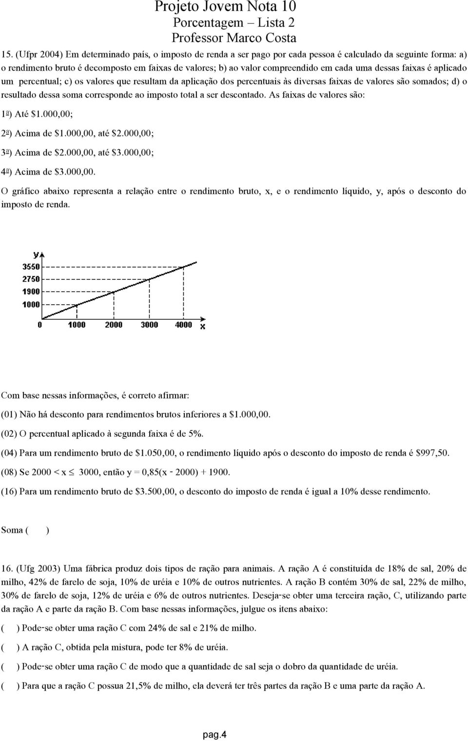 total a ser descontado. As faixas de valores são: 1) Até $1.000,00; 2) Acima de $1.000,00, até $2.000,00; 3) Acima de $2.000,00, até $3.000,00; 4) Acima de $3.000,00. O gráfico abaixo representa a relação entre o rendimento bruto, x, e o rendimento líquido, y, após o desconto do imposto de renda.