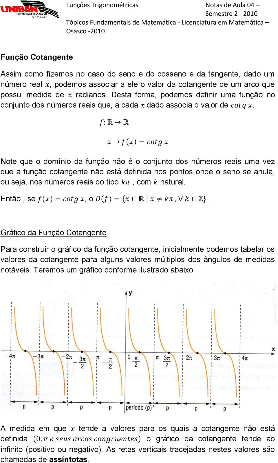 Note que o domínio da função não é o conjunto dos números reais uma vez que a função cotangente não está definida nos pontos onde o seno se anula, ou seja, nos números reais do tipo, com natural.