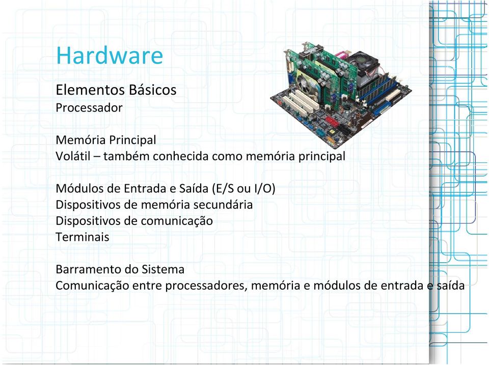 Dispositivos de memória secundária Dispositivos de comunicação Terminais