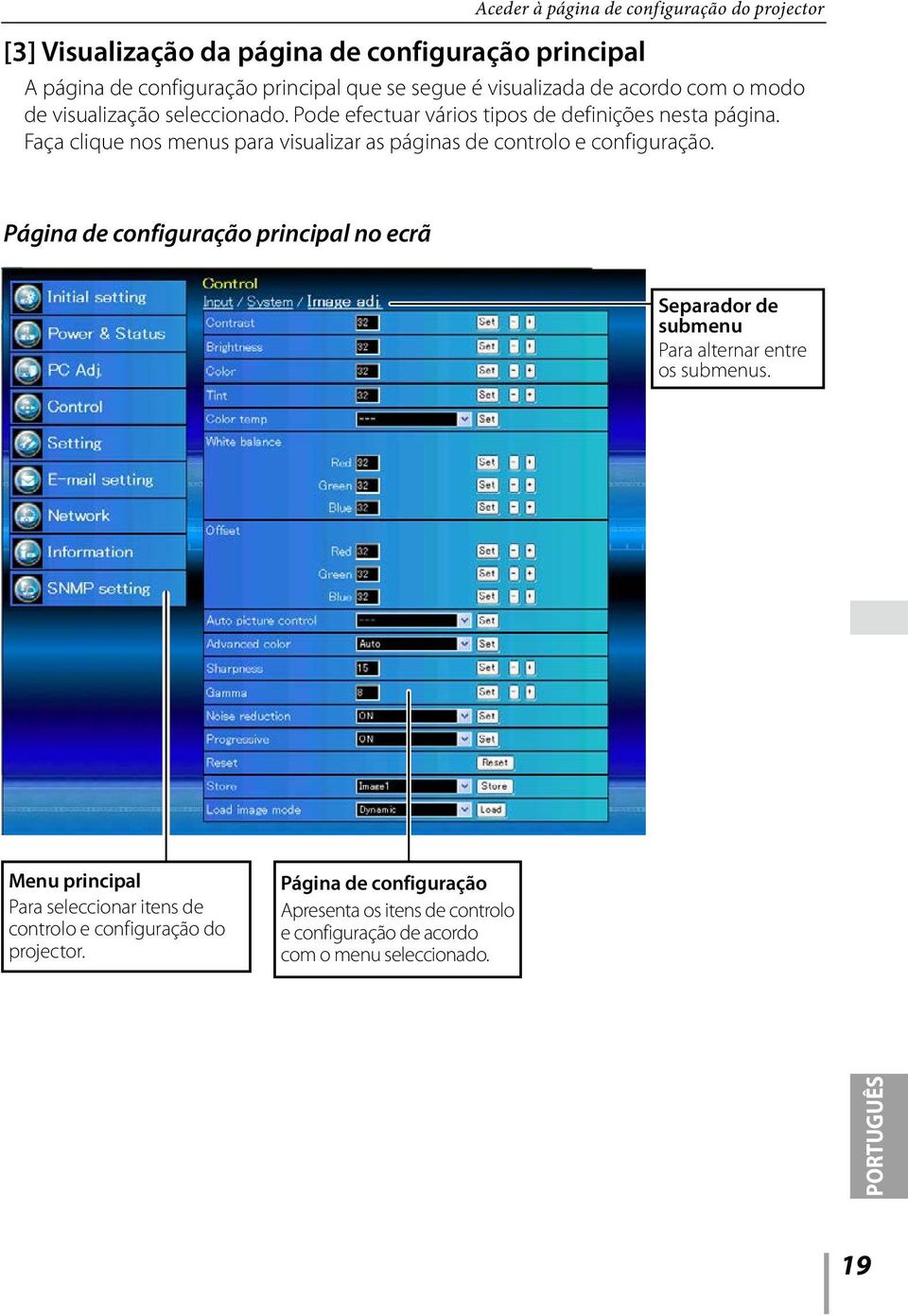 Faça clique nos menus para visualizar as páginas de controlo e configuração.