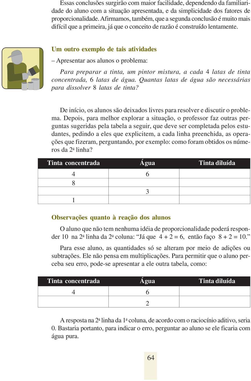 Um outro exemplo de tais atividades Apresentar aos alunos o problema: Para preparar a tinta, um pintor mistura, a cada 4 latas de tinta concentrada, 6 latas de água.