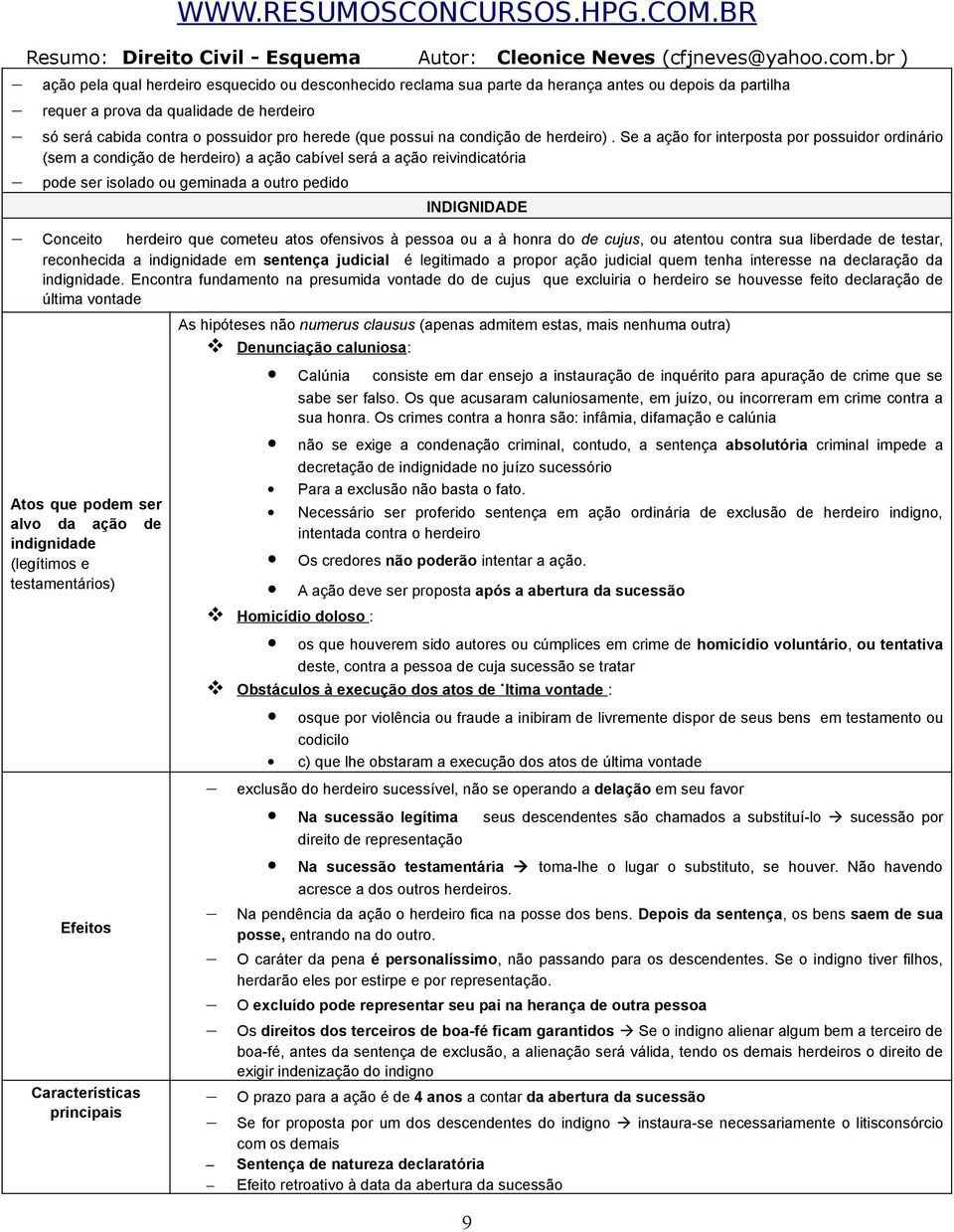 Se a ação for interposta por possuidor ordinário (sem a condição de herdeiro) a ação cabível será a ação reivindicatória pode ser isolado ou geminada a outro pedido INDIGNIDADE Conceito herdeiro que