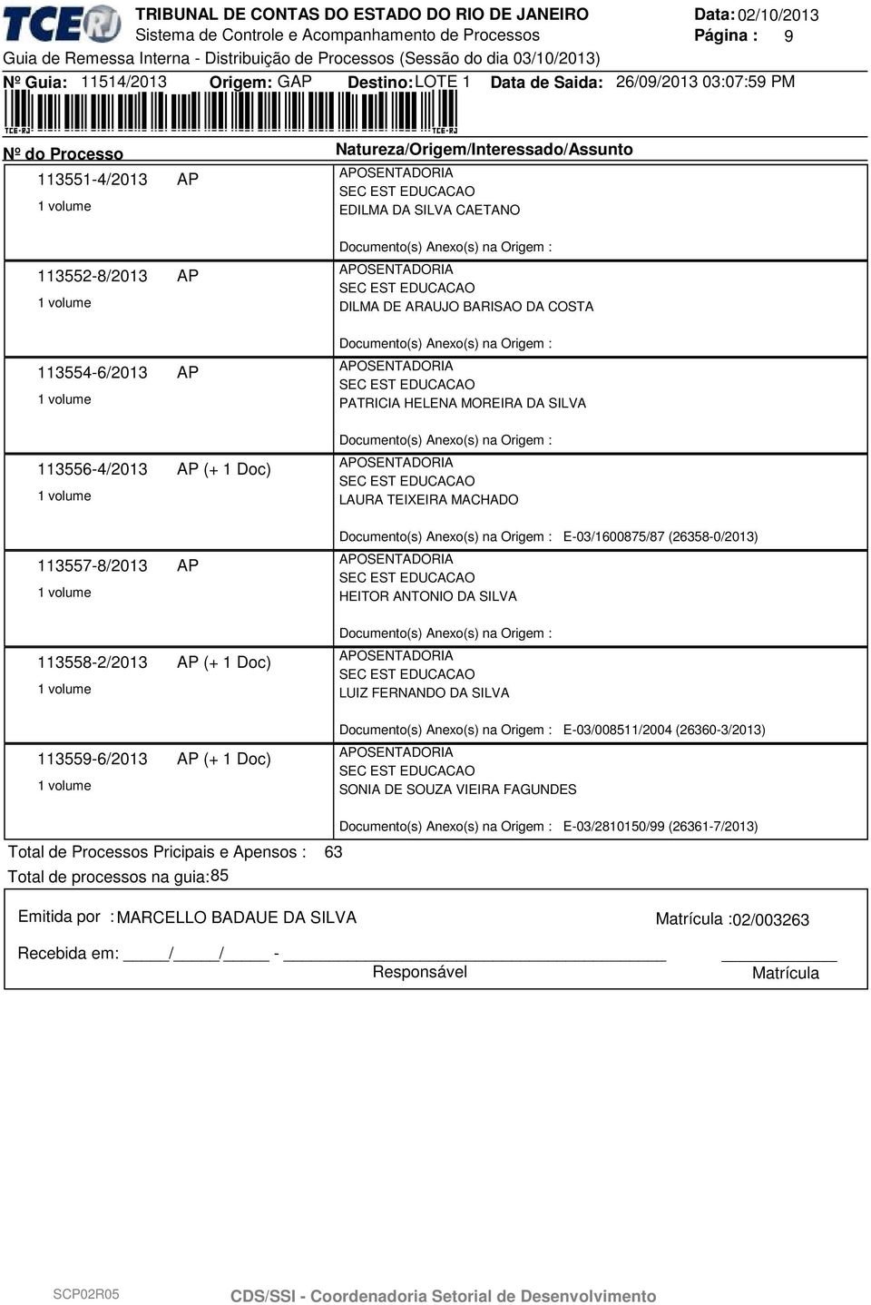 HEITOR ANTONIO DA SILVA LUIZ FERNANDO DA SILVA E-03/008511/2004 (26360-3/2013) SONIA DE SOUZA VIEIRA FAGUNDES E-03/2810150/99 (26361-7/2013) Total de