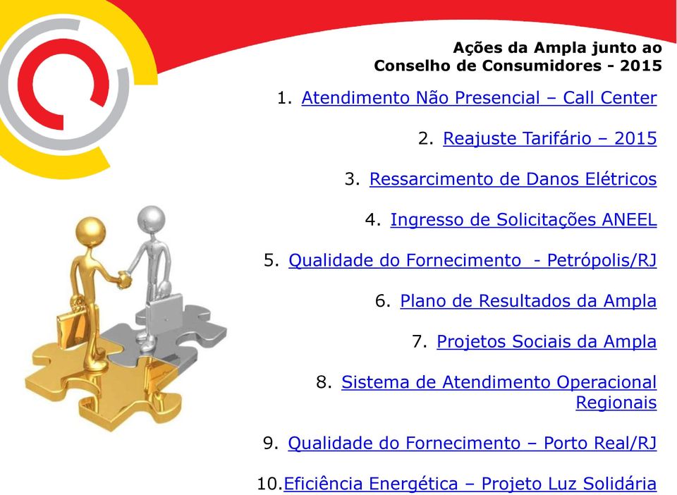 Qualidade do Fornecimento - Petrópolis/RJ 6. Plano de Resultados da Ampla 7. Projetos Sociais da Ampla 8.