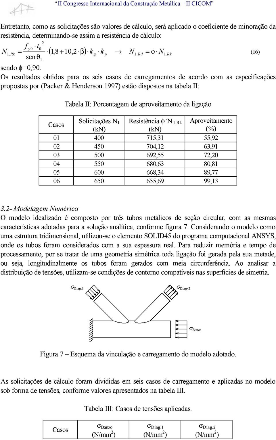 Os resultados obtidos ara os seis casos de carreamentos de acordo com as esecificações roostas or (Packer & Henderson 997) estão disostos na tabela II: Tabela II: Porcentaem de aroveitamento da