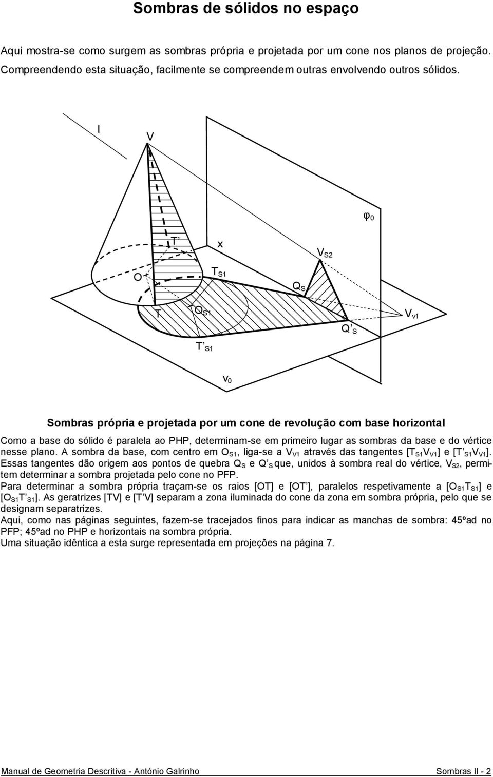 da base e do vértice nesse plano. A sombra da base, com centro em O S1, liga-se a V V1 através das tangentes [T S1 V V1 ] e [T S1 V V1 ].