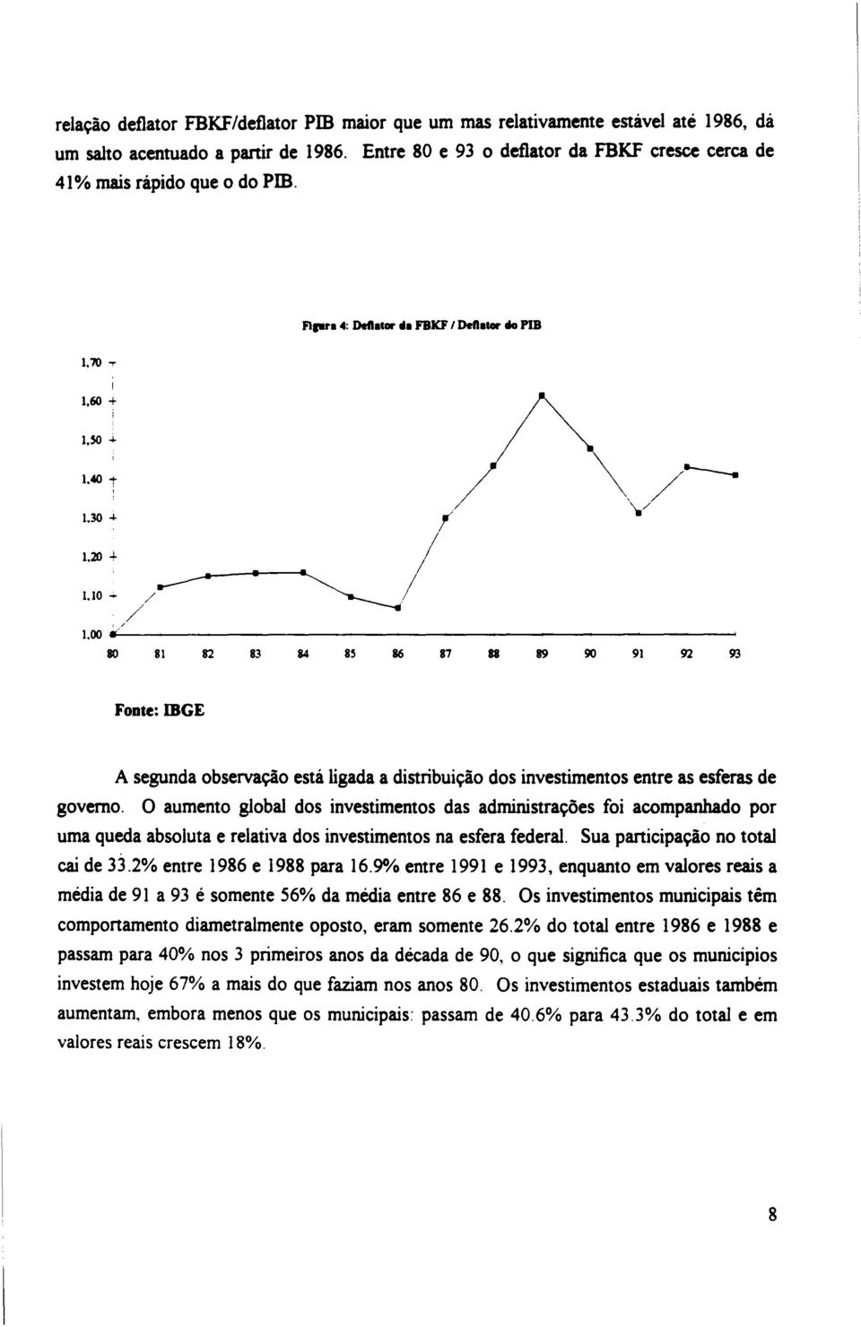 00 ~-----------------------------< 80 81 82 83 84 85 86 87 88 B9 90 91 92 93 Fonte: IBGE A segunda observação está ligada a distribuição dos investimentos entre as esferas de governo.