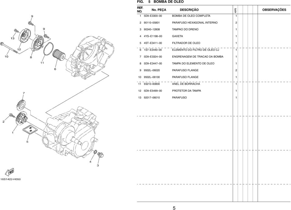 7 5D9 E3324 00 ENGRENAGEM DE TRACAO DA BOMBA 1 8 5D9 E3447 00 TAMPA DO ELEMENTO DE OLEO 1 9 9502L 06020 PARAFUSO FLANGE 2