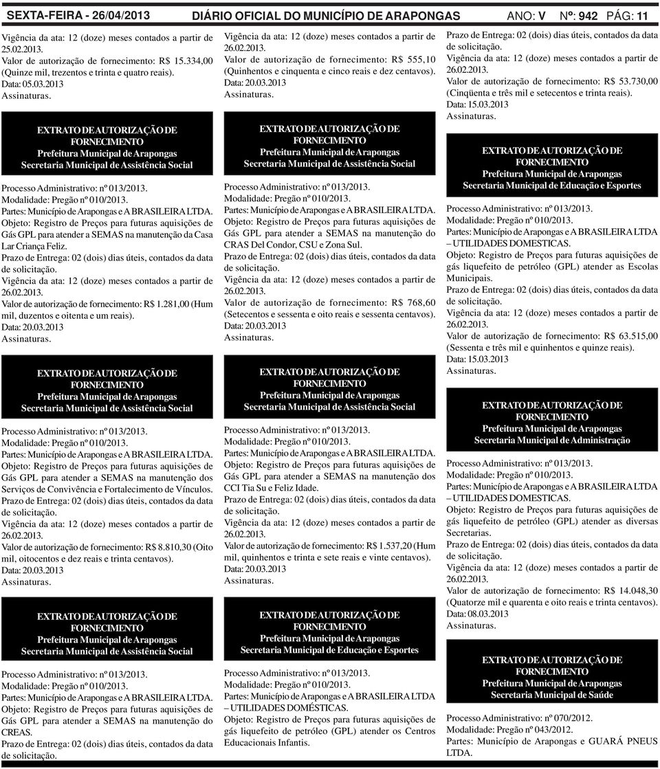 Gás GPL para atender a SEMAS na manutenção da Casa Lar Criança Feliz. 26.02.2013. Valor de autorização de fornecimento: R$ 1.281,00 (Hum mil, duzentos e oitenta e um reais). Data: 20.03.