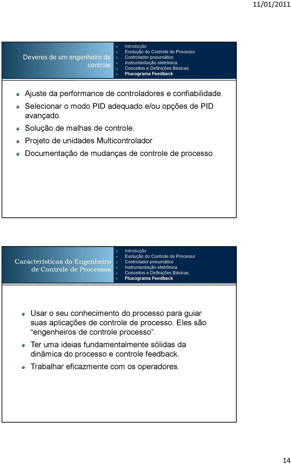 Projeto de unidades Multicontrolador Documentação de mudanças de controle de processo Características do Engenheiro de Controle de Processos Quarto