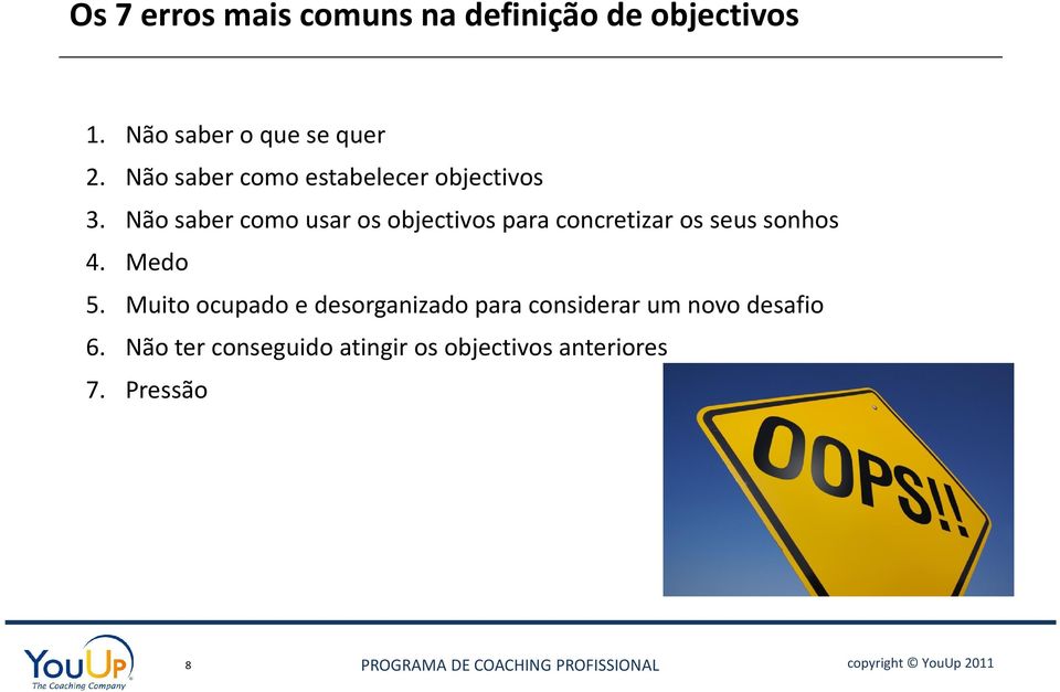 Não saber como usar os objectivos para concretizar os seus sonhos 4. Medo 5.