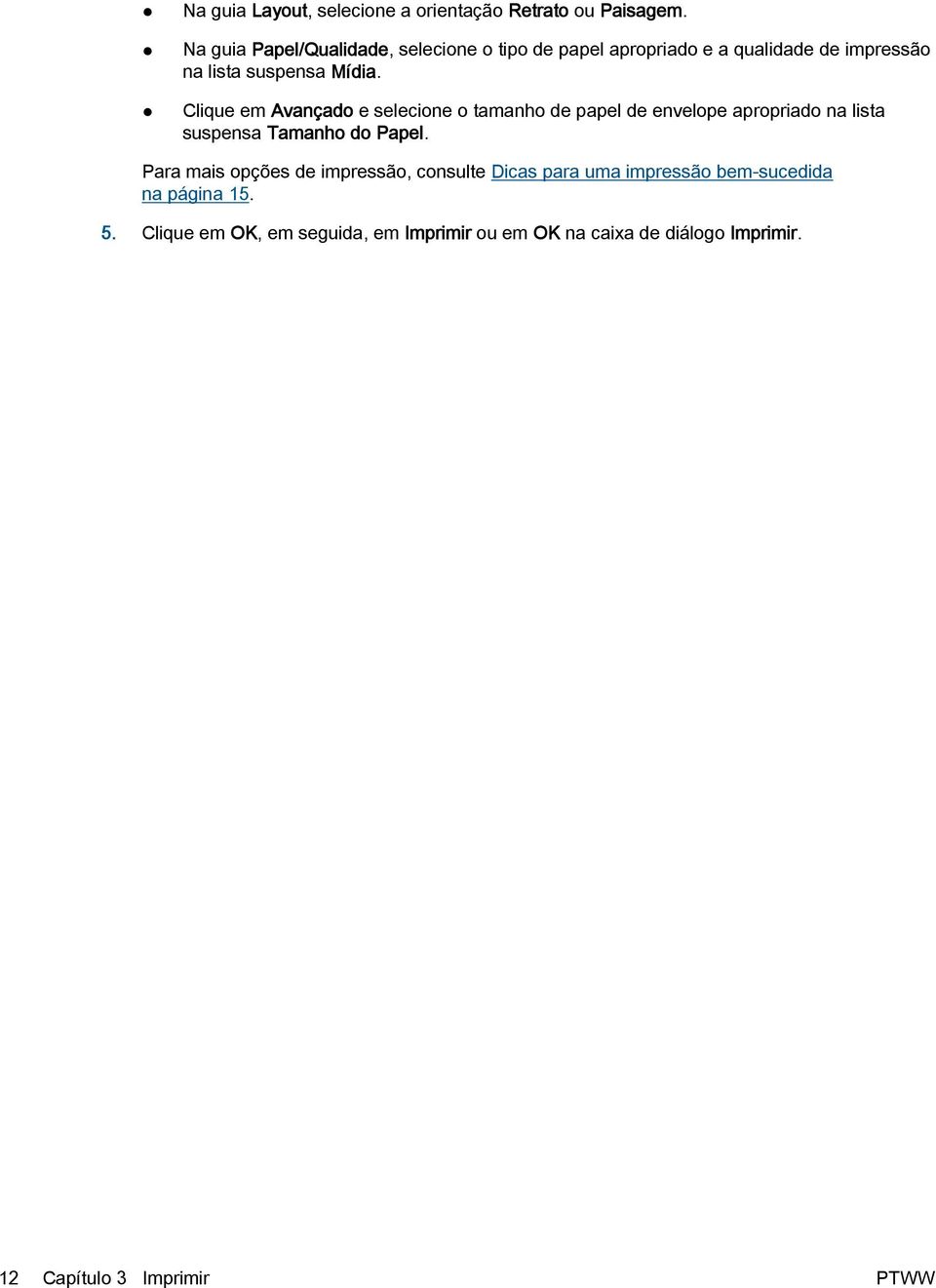 Clique em Avançado e selecione o tamanho de papel de envelope apropriado na lista suspensa Tamanho do Papel.