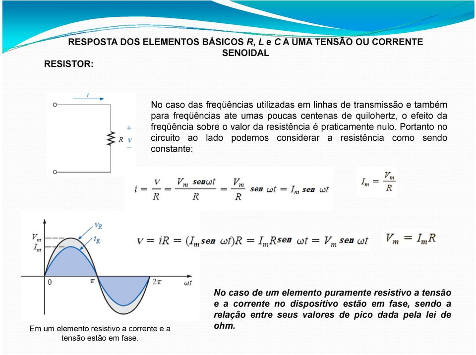 Portanto no circuito ao lado podemos considerar a resistência como sendo constante: Em um elemento resistivo a corrente e a tensão estão em fase.