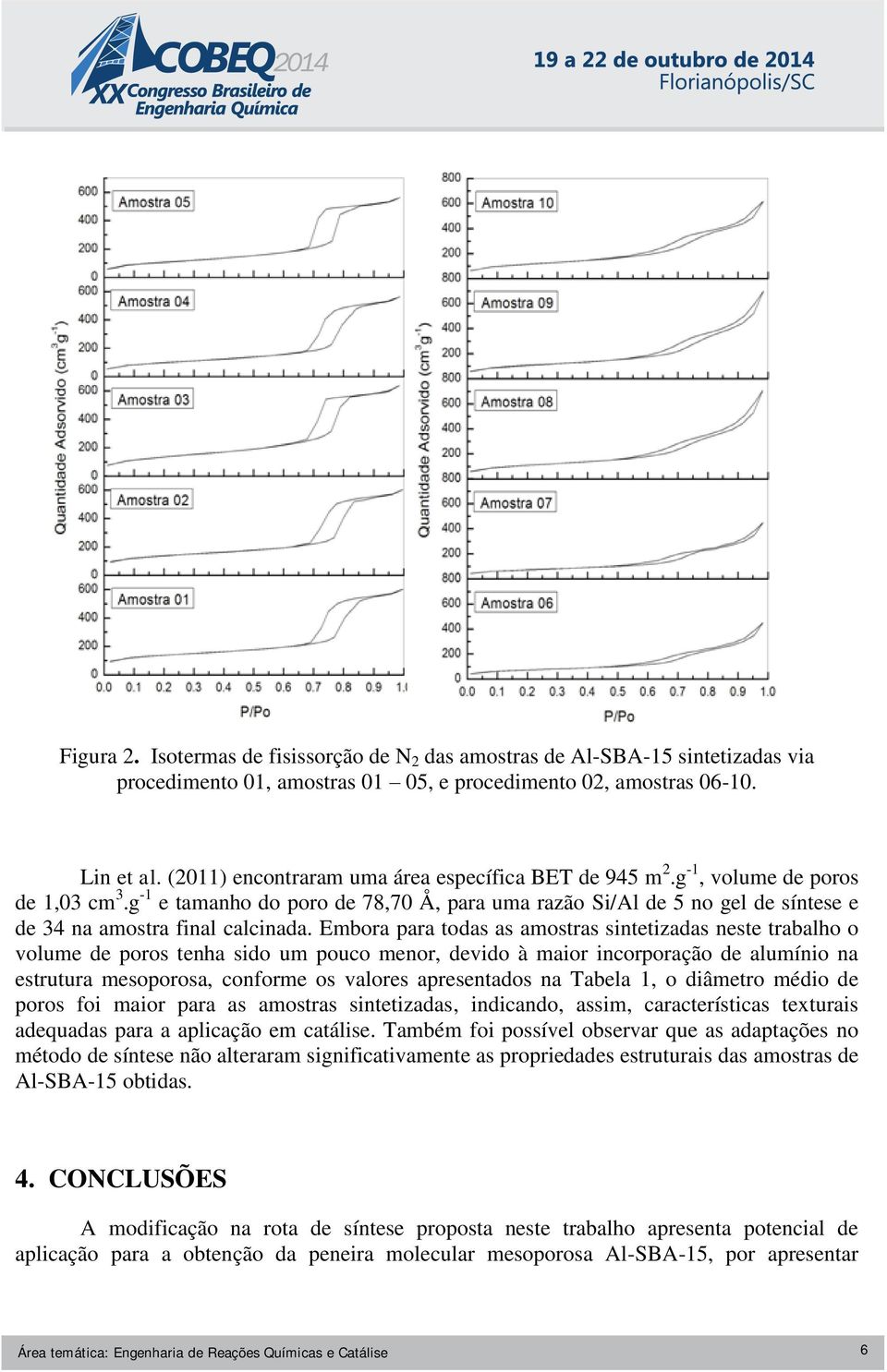 g -1 e tamanho do poro de 78,70 Å, para uma razão Si/Al de 5 no gel de síntese e de 34 na amostra final calcinada.