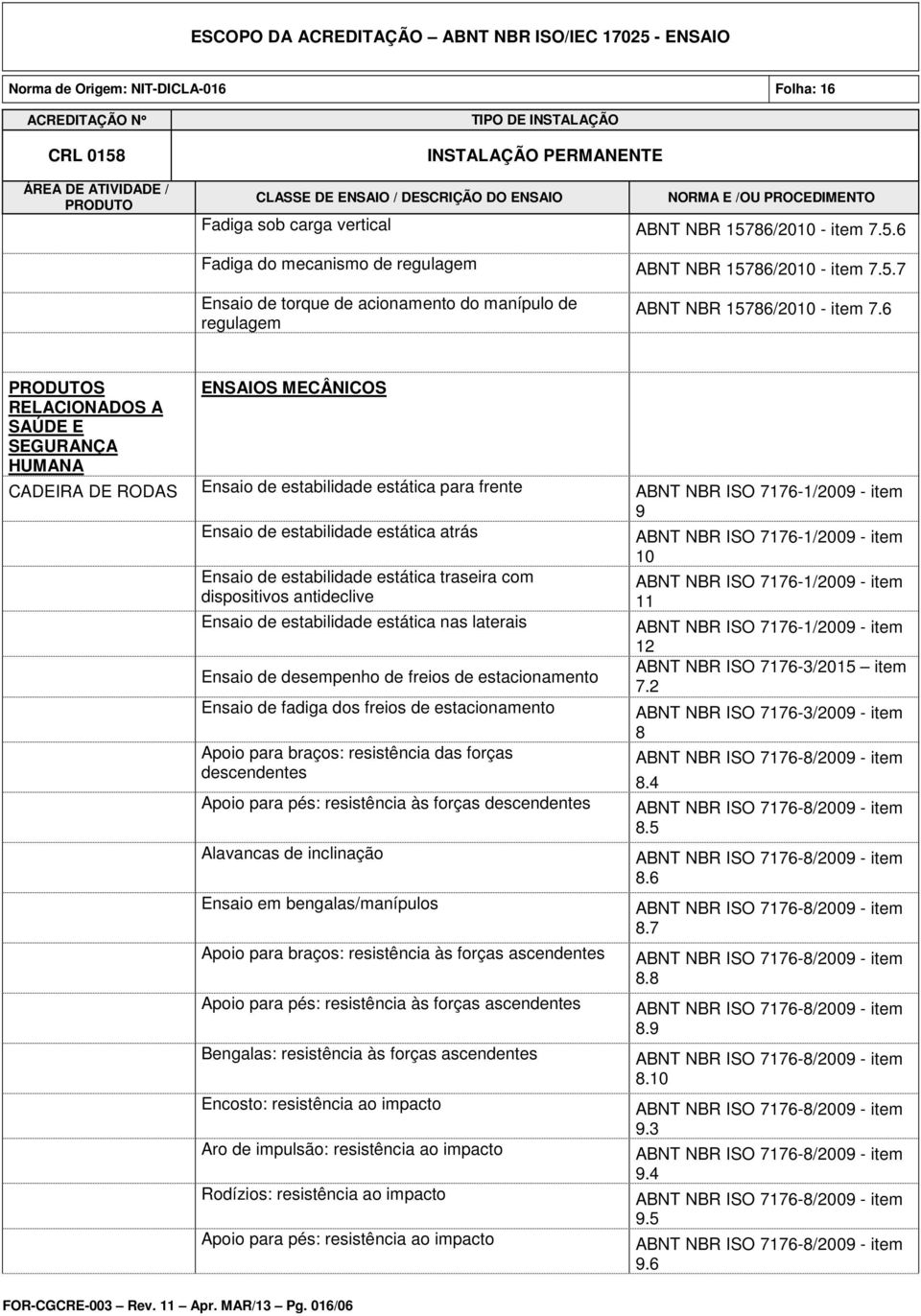 7176-1/2009 - item 10 Ensaio de estabilidade estática traseira com dispositivos antideclive Ensaio de estabilidade estática nas laterais Ensaio de desempenho de freios de estacionamento Ensaio de