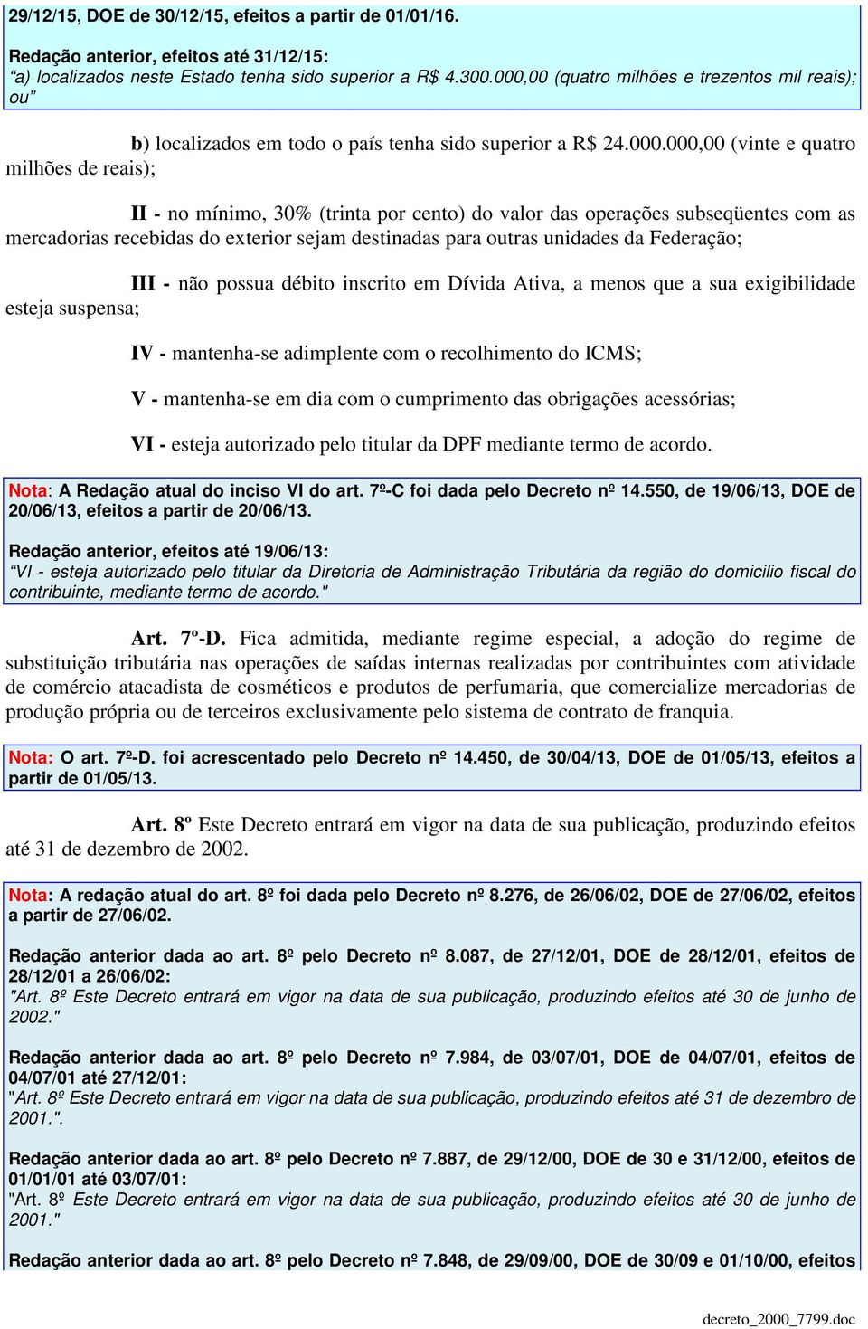 valor das operações subseqüentes com as mercadorias recebidas do exterior sejam destinadas para outras unidades da Federação; III - não possua débito inscrito em Dívida Ativa, a menos que a sua