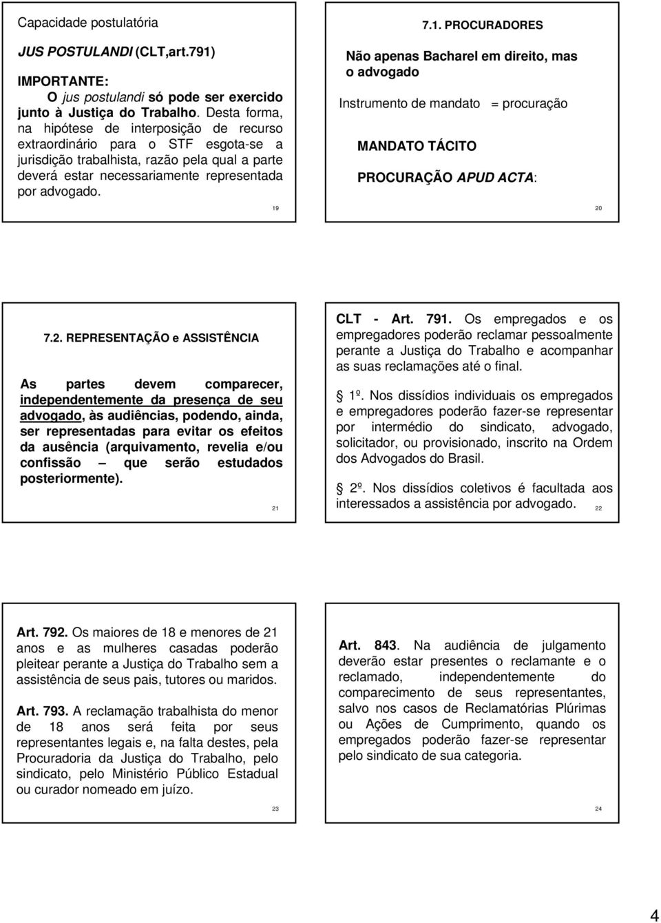 1. PROCURADORES Não apenas Bacharel em direito, mas o advogado Instrumento de mandato = procuração MANDATO TÁCITO PROCURAÇÃO APUD ACTA: 20