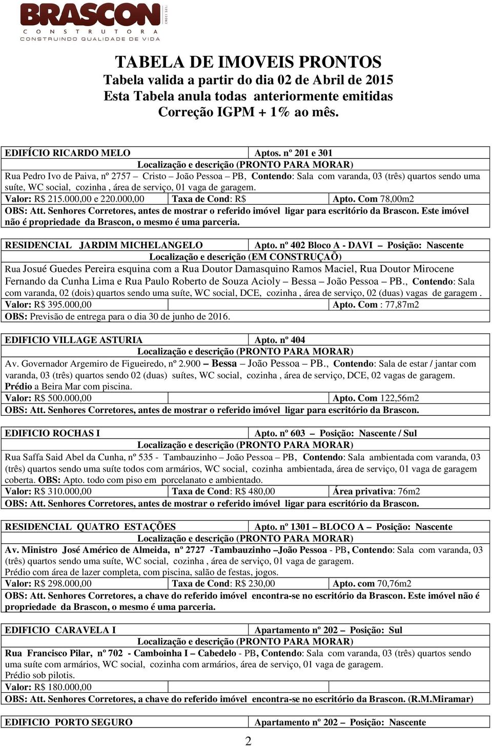 garagem. Valor: R$ 215.000,00 e 220.000,00 Taxa de Cond: R$ Apto. Com 78,00m2 Este imóvel não é propriedade da Brascon, o mesmo é uma parceria. RESIDENCIAL JARDIM MICHELANGELO Apto.