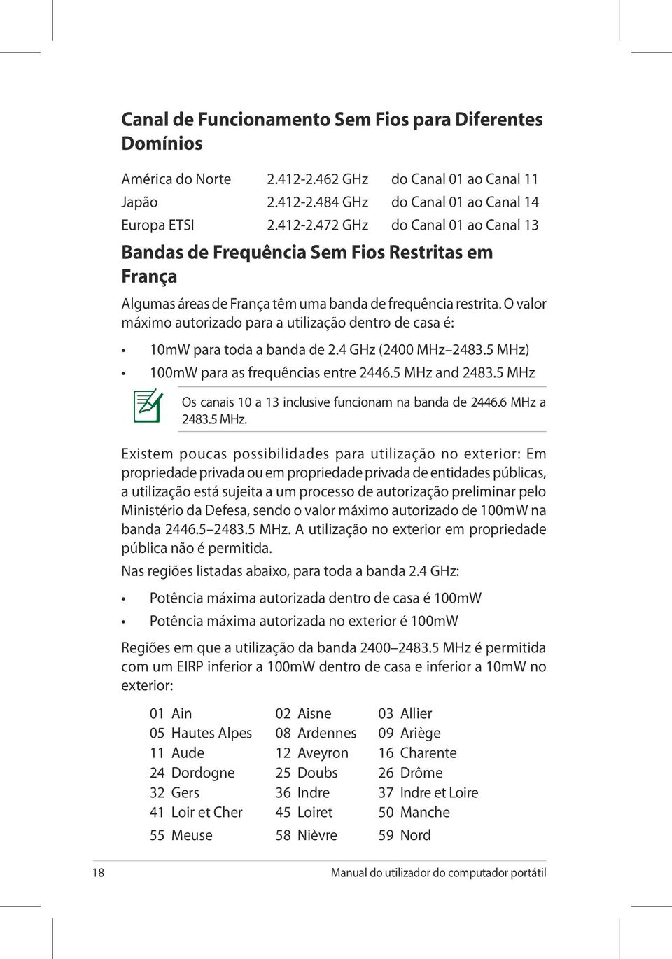 O valor máximo autorizado para a utilização dentro de casa é: 10mW para toda a banda de 2.4 GHz (2400 MHz 2483.5 MHz) 100mW para as frequências entre 2446.5 MHz and 2483.