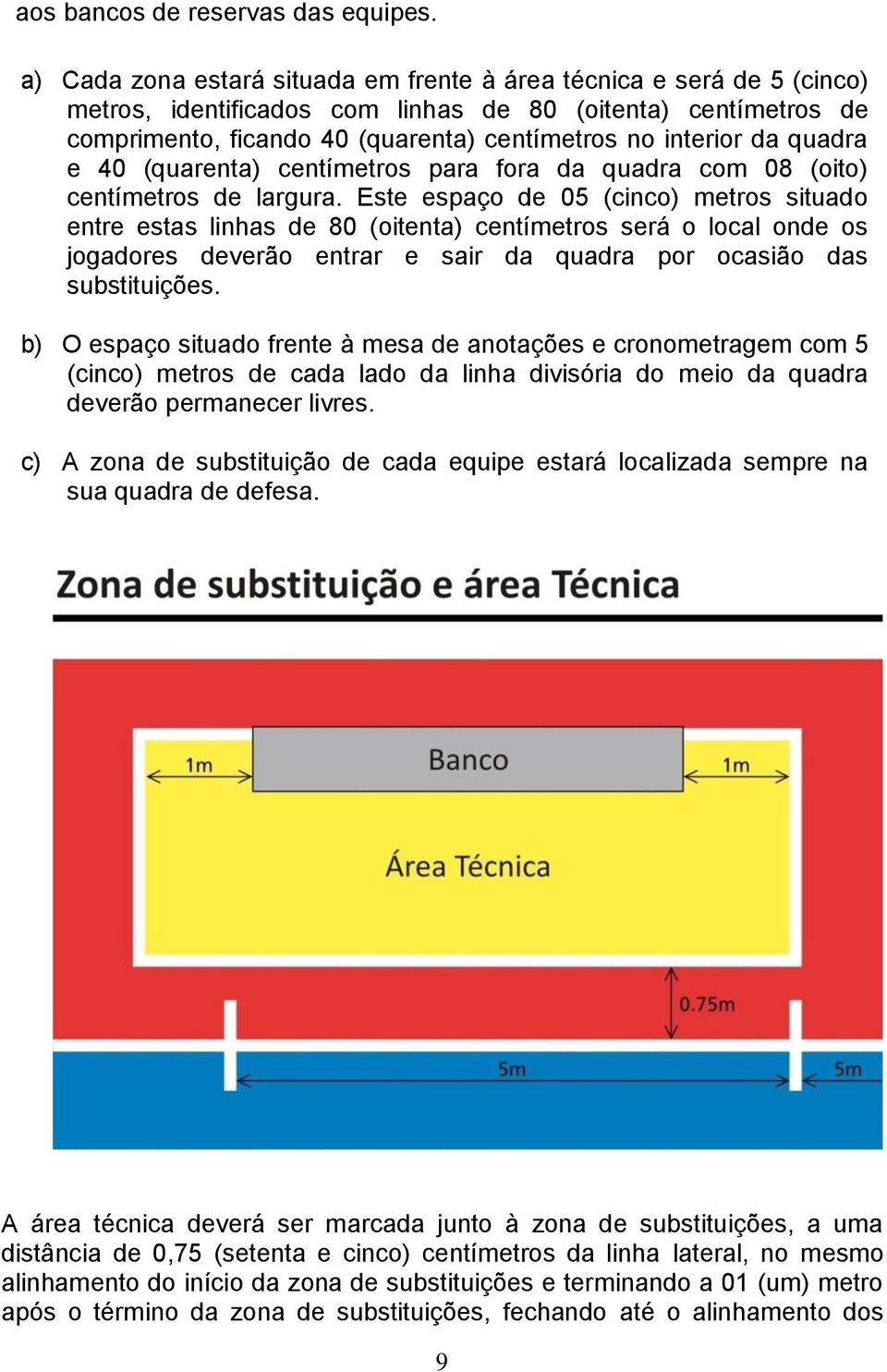 quadra e 40 (quarenta) centímetros para fora da quadra com 08 (oito) centímetros de largura.