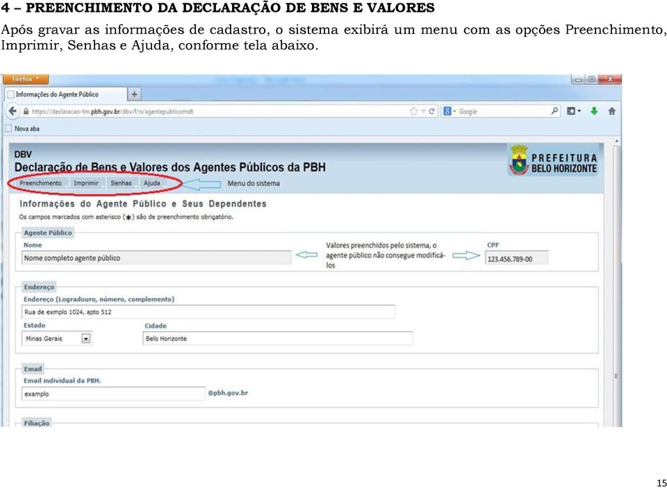 sistema exibirá um menu com as opções