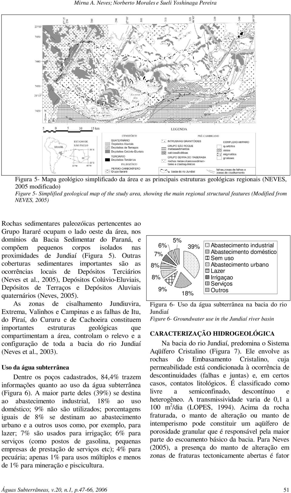 map of the study area, showing the main regional structural features (Modified from NEVES, 25) Rochas sedimentares paleozóicas pertencentes ao Grupo Itararé ocupam o lado oeste da área, nos domínios
