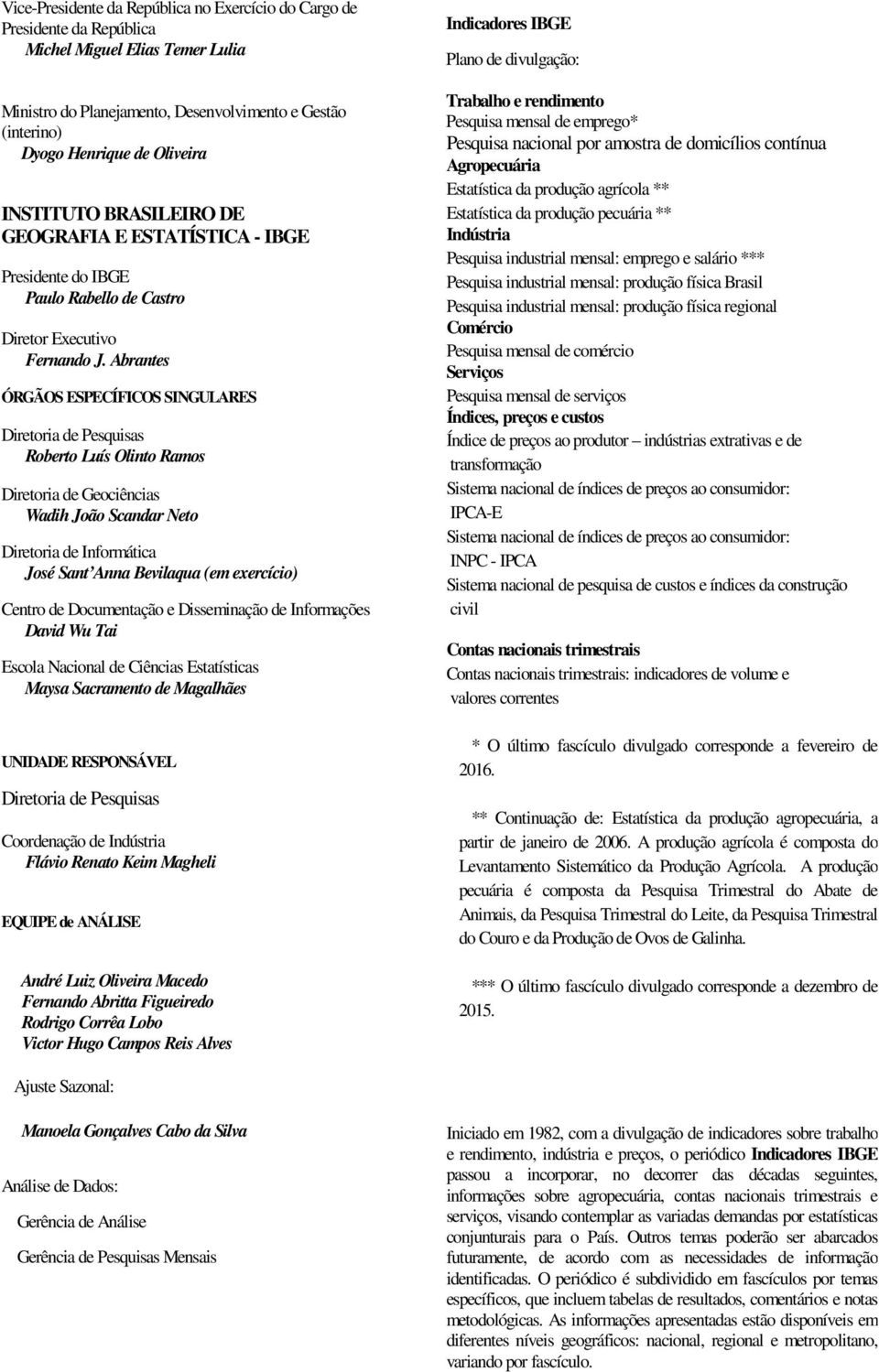 Abrantes ÓRGÃOS ESPECÍFICOS SINGULARES Diretoria de Pesquisas Roberto Luís Olinto Ramos Diretoria de Geociências Wadih João Scandar Neto Diretoria de Informática José Sant Anna Bevilaqua (em