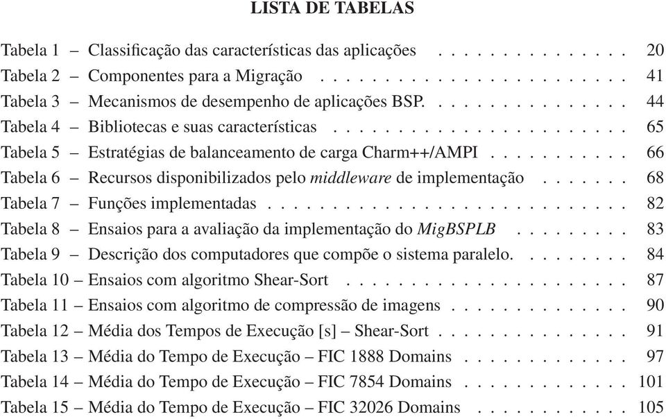 .......... 66 Tabela 6 Recursos disponibilizados pelo middleware de implementação....... 68 Tabela 7 Funções implementadas............................ 82 Tabela 8 Ensaios para a avaliação da implementação do MigBSPLB.