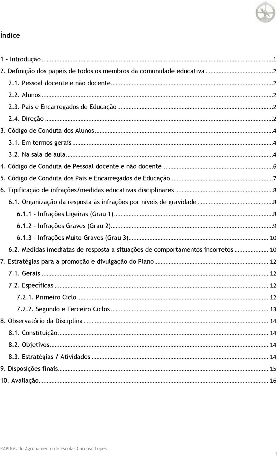 Código de Conduta dos Pais e Encarregados de Educação...7 6. Tipificação de infrações/medidas educativas disciplinares...8 6.1. Organização da resposta às infrações por níveis de gravidade...8 6.1.1 - Infrações Ligeiras (Grau 1).