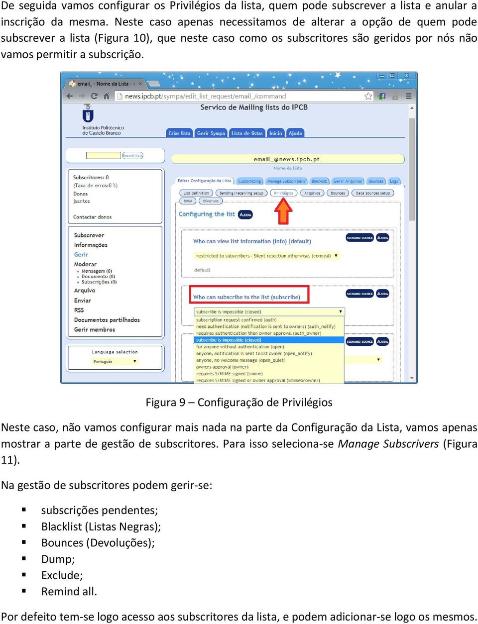 Figura 9 Configuração de Privilégios Neste caso, não vamos configurar mais nada na parte da Configuração da Lista, vamos apenas mostrar a parte de gestão de subscritores.