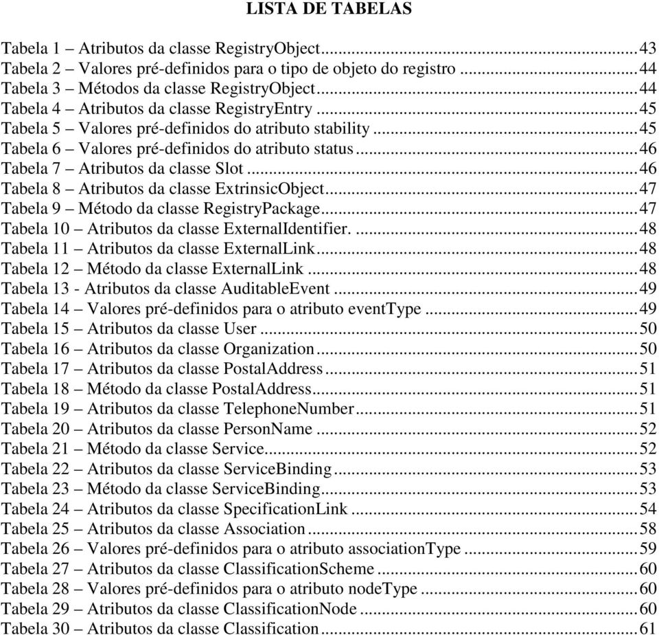 ..46 Tabela 8 Atributos da classe ExtrinsicObject...47 Tabela 9 Método da classe RegistryPackage...47 Tabela 10 Atributos da classe ExternalIdentifier....48 Tabela 11 Atributos da classe ExternalLink.
