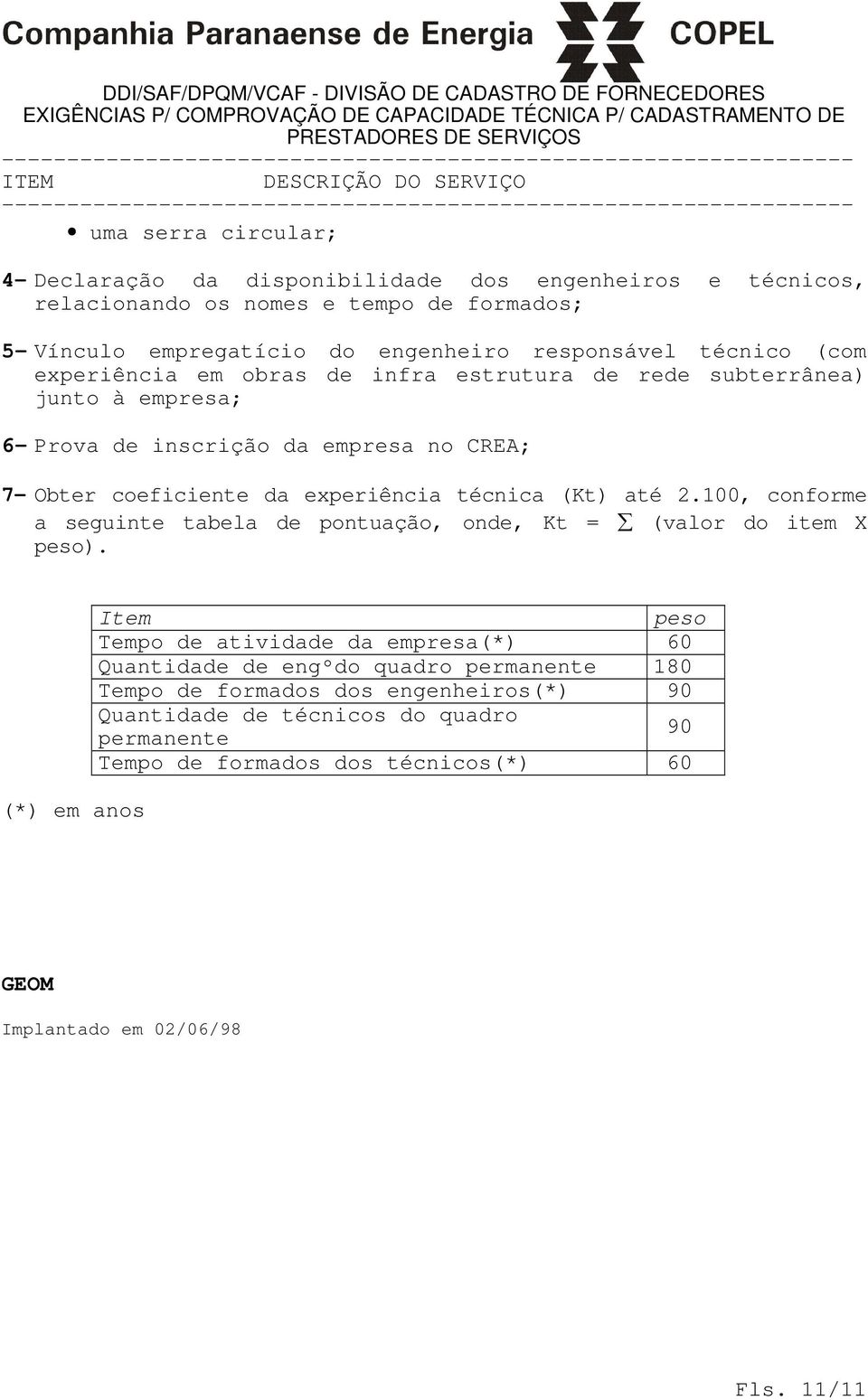 (Kt) até 2.100, conforme a seguinte tabela de pontuação, onde, Kt = (valor do item X peso).