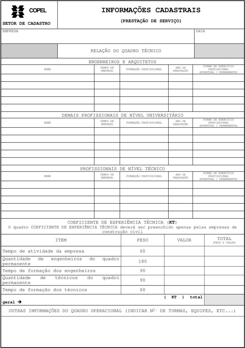 (EVENTUAL / PERMANENTE) NOME PROFISSIONAIS DE NÍVEL TÉCNICO TEMPO DE EMPRESA FORMAÇÃO PROFISSIONAL ANO DE GRADUAÇÃO FORMA DE EXERCÍCIO PROFISSIONAL (EVENTUAL / PERMANENTE) COEFICIENTE DE EXPERIÊNCIA