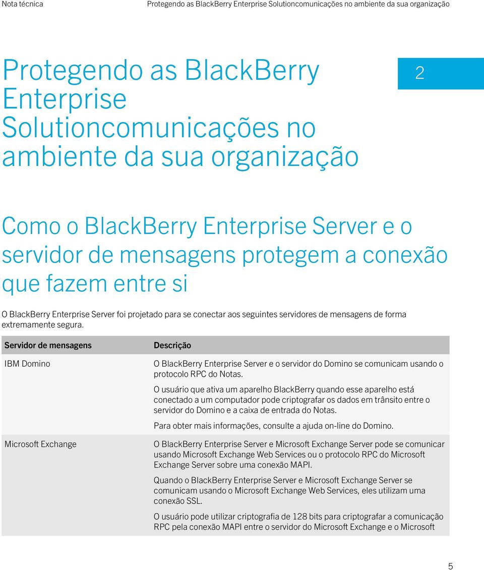 segura. Servidor de mensagens IBM Domino Microsoft Exchange Descrição O BlackBerry Enterprise Server e o servidor do Domino se comunicam usando o protocolo RPC do Notas.