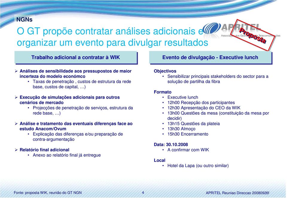 de mercado Projecções de penetração de serviços, estrutura da rede base, ) Análise e tratamento das eventuais diferenças face ao estudo Anacom/Ovum Explicação das diferenças e/ou preparação de