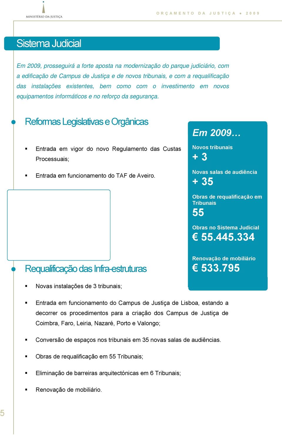 Reformas Legislativas e Orgânicas Entrada em vigor do novo Regulamento das Custas Processuais; Entrada em funcionamento do TAF de Aveiro.