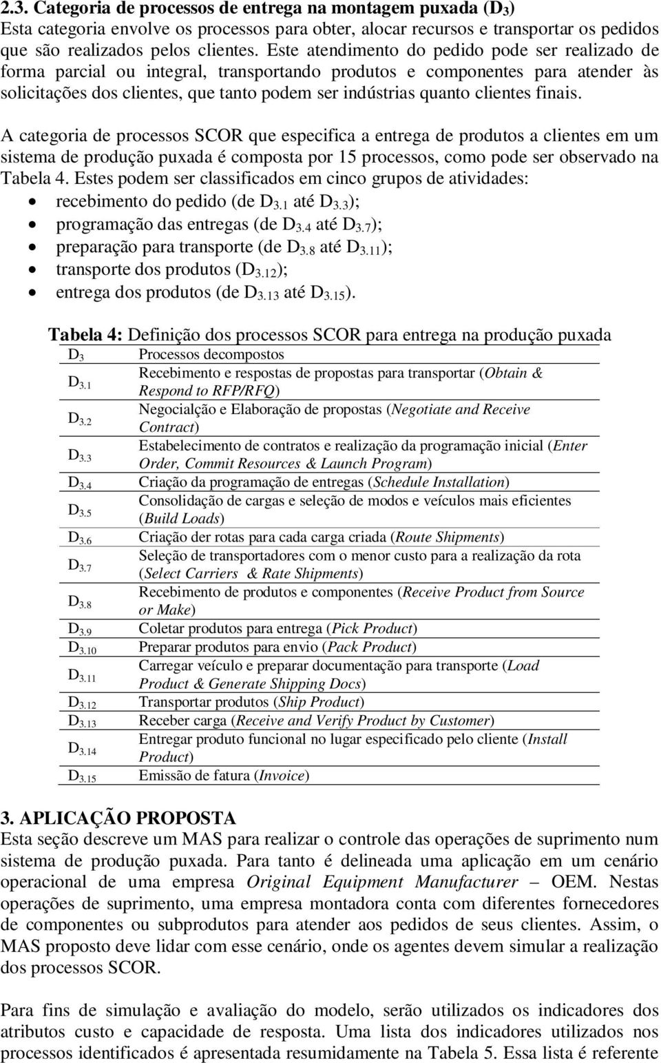 clientes finais. A categoria de processos SCOR que especifica a entrega de produtos a clientes em um sistema de produção puxada é composta por 15 processos, como pode ser observado na Tabela 4.