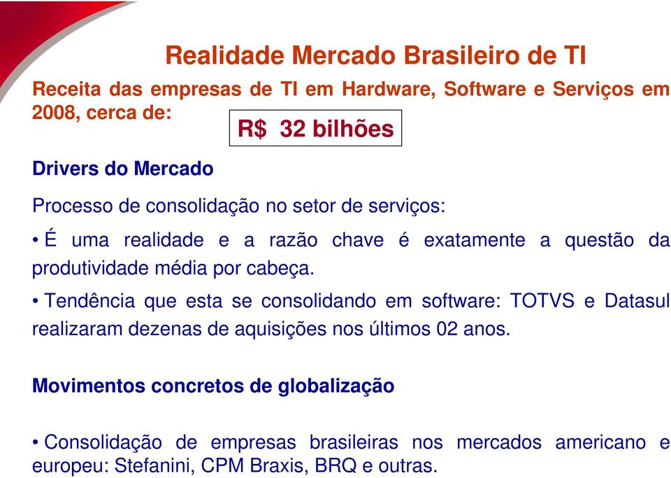 por cabeça. Tendência que esta se consolidando em software: TOTVS e Datasul realizaram dezenas de aquisições nos últimos 02 anos.