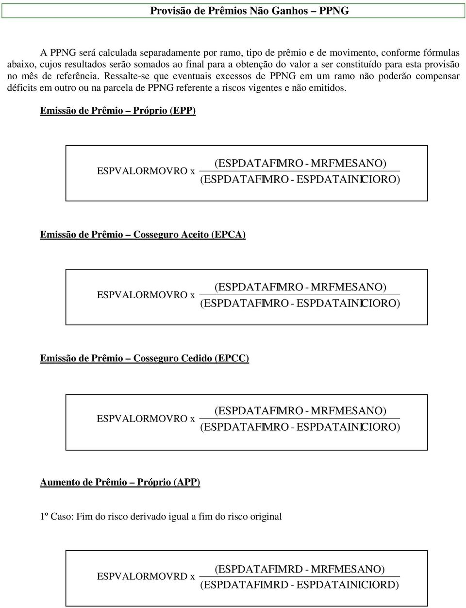 Ressalte-se que eventuais excessos de PPNG em um ramo não poderão compensar déficits em outro ou na parcela de PPNG referente a riscos vigentes e não emitidos.