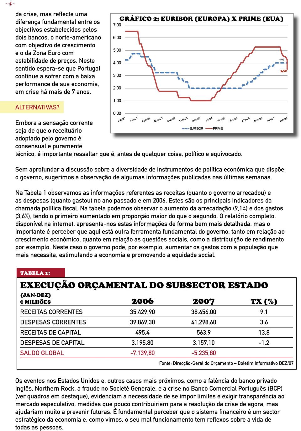 GRÁFICO 2: EURIBOR Gráfico2- (EUROPA) EuriborX"Prime" X PRIME (EUA) 7,00 6,00 5,00 3,00 2,00 1,00 0,00 Embora a sensação corrente seja de que o receituário adoptado pelo governo é consensual e