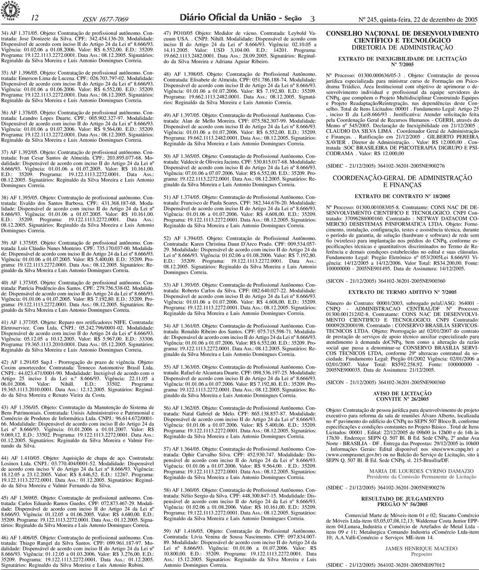 06 a 01.08.2006. Valor: R$ 6.552,00. E.D.: 5209. Programa: 19.122.111.2272.0001. Data Ass.: 08.12.2005. Signatários: Reginaldo da Silva Moreira e Luis Antonio Domingues Correia. 5) AF 1.96/05.